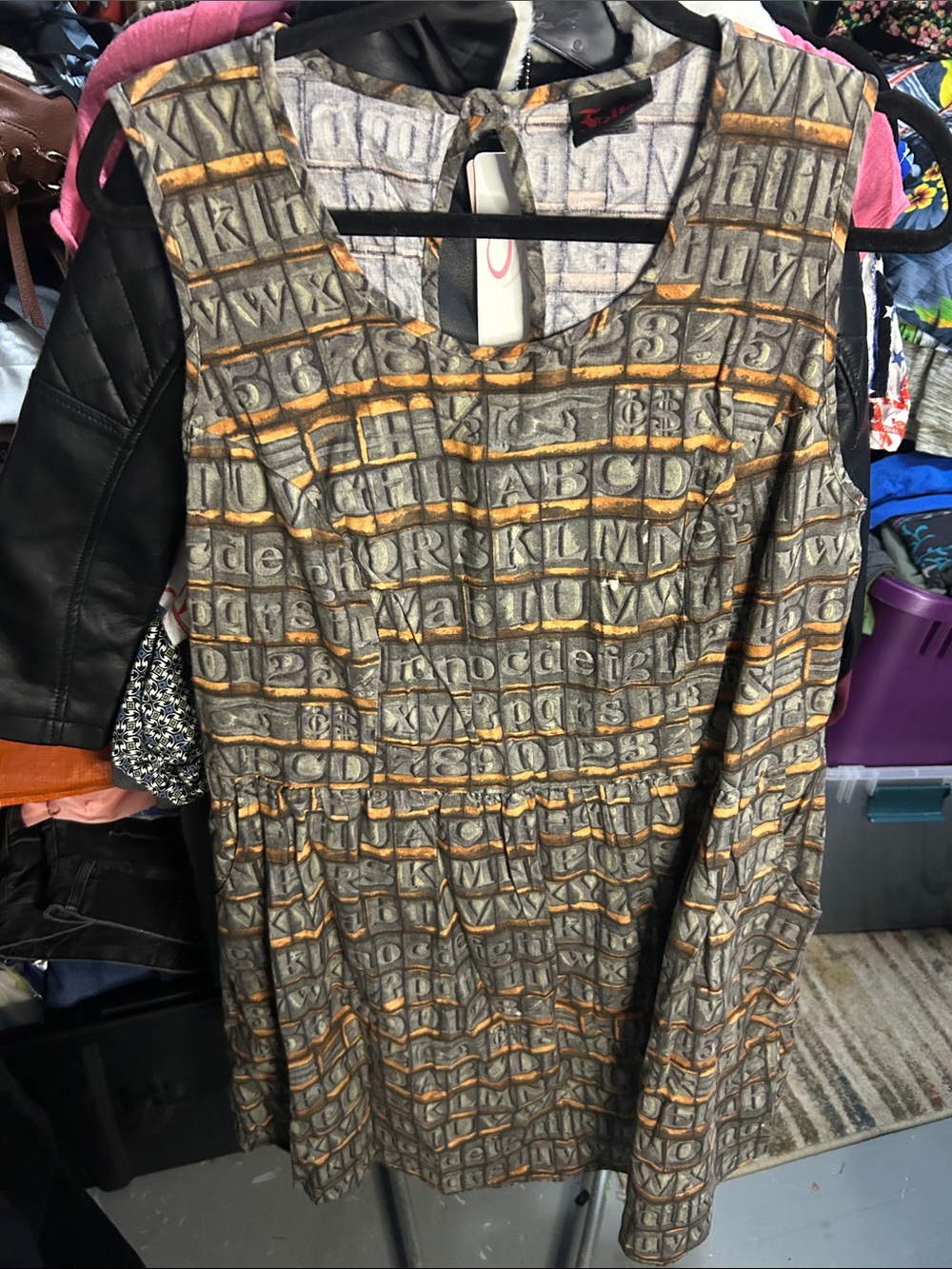 Alphabet Tile Print Long-Sleeve Dress in Gray and Gold by Unknown